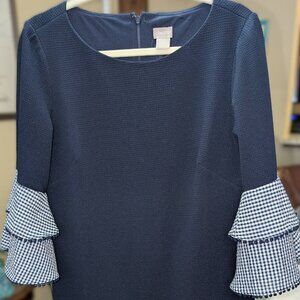 Chico's size 2 (12-14) Dress, Blue Shift, Textured Gingham Ruffle Bell Sleeves